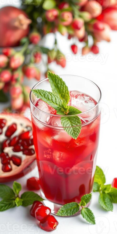 Refreshing pomegranate drink garnished with mint leaves served on a white table with flowers photo