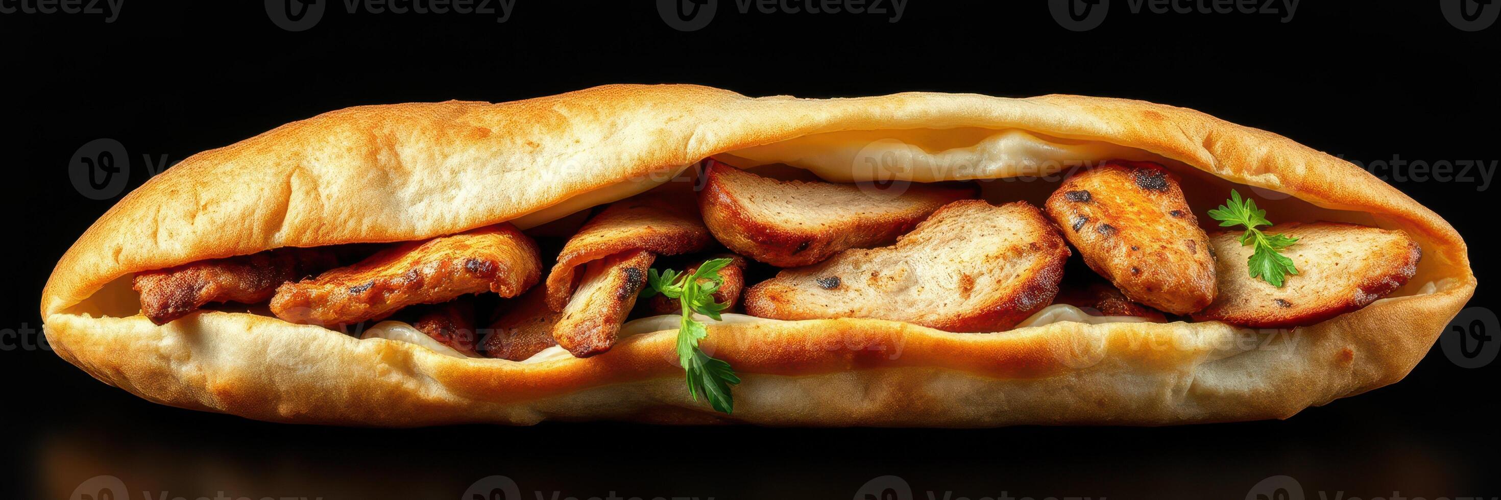 Delicious sandwich filled with crispy bites of bread and herbs served on a dark background photo