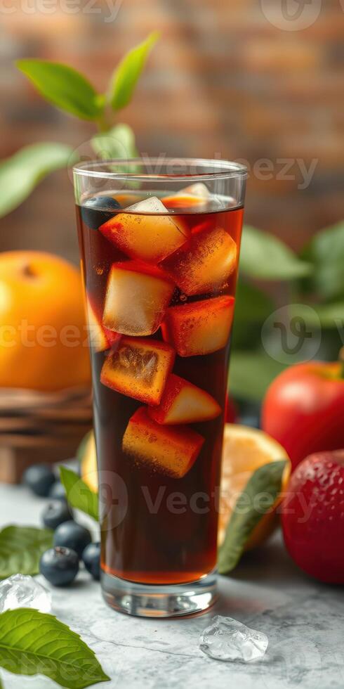 Refreshing fruit drink with colorful ice cubes and fresh fruits in a cozy setting photo