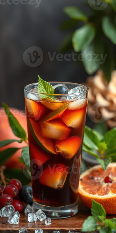 Refreshing iced beverage with fruits and herbs on a wooden surface in a cozy setting photo