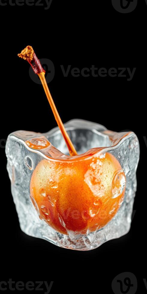Deliciously crafted cocktail with a bright orange apple surrounded by icy details photo