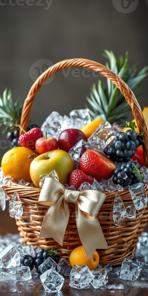 Fresh fruit basket filled with colorful fruits and ice cubes decorated with a ribbon on a rustic surface photo