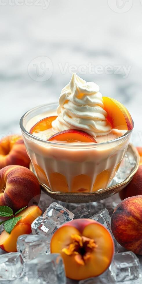 Delicious peach dessert with whipped cream and fresh slices on ice photo