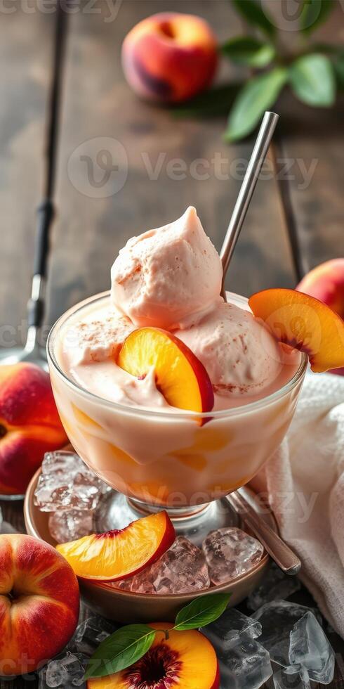 Creamy peach ice cream served with fresh peach slices on a rustic wooden table photo