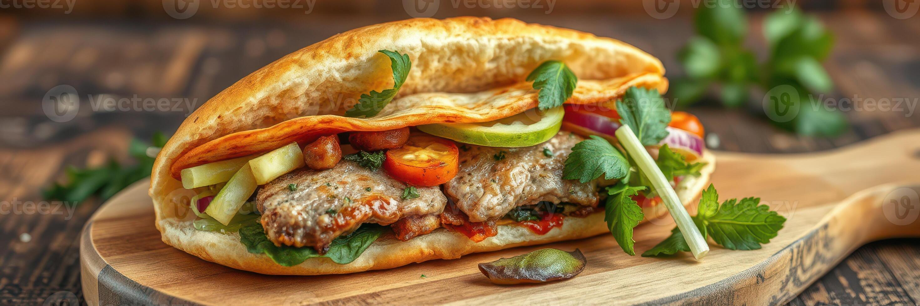Delicious sandwich featuring grilled meat, fresh vegetables, and herbs served on a wooden board photo