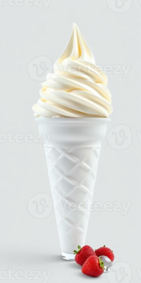 Creamy soft serve ice cream in a white cone with fresh strawberries on the side, perfect summer treat photo