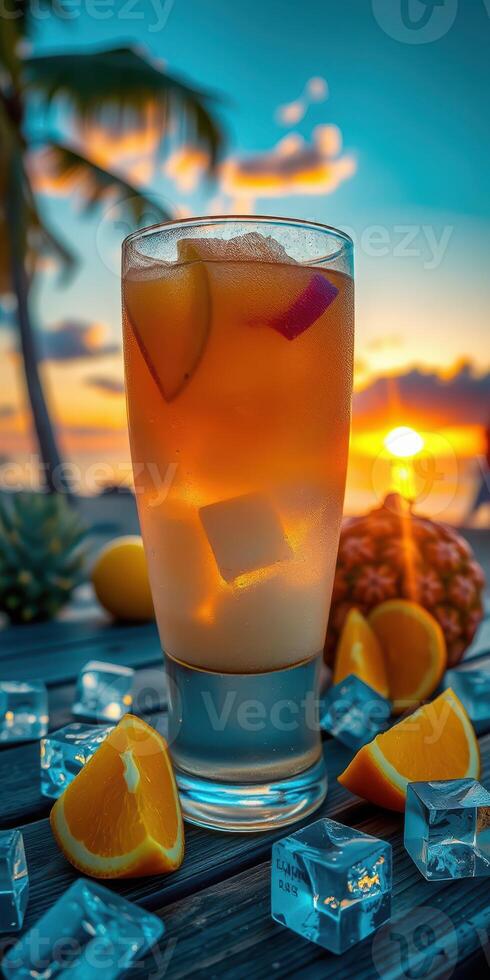Refreshing tropical drink served at sunset on a beach with fresh fruit and ice photo