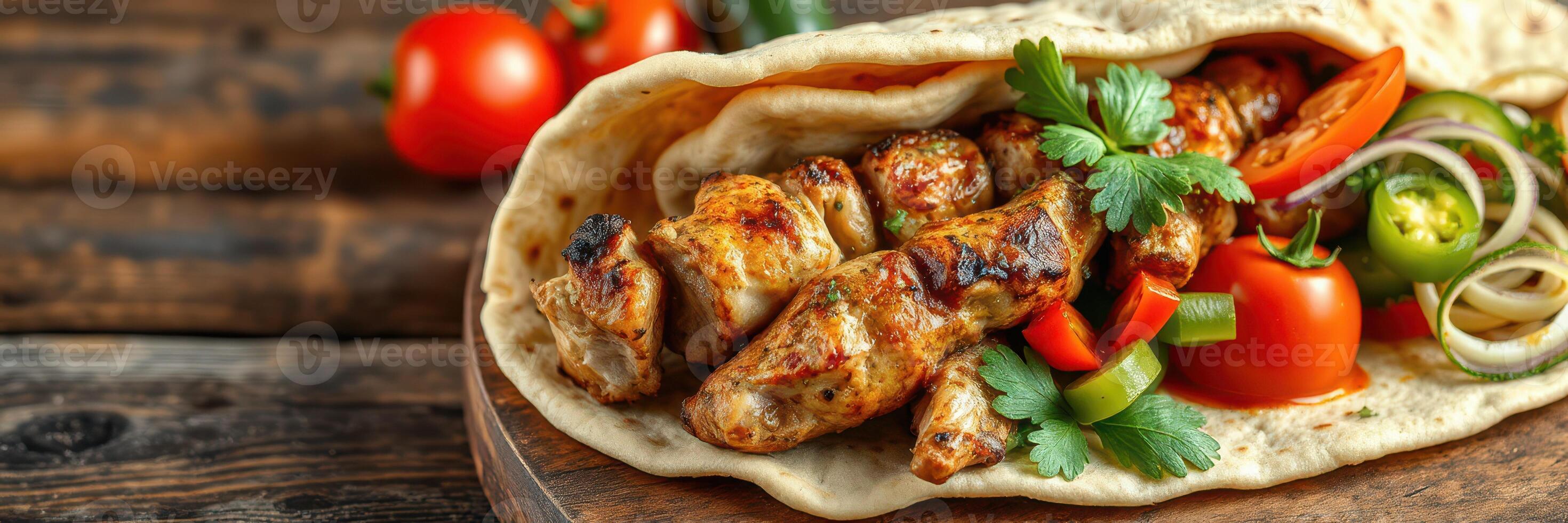 Savory grilled chicken wrap filled with fresh vegetables and herbs served on a wooden table photo