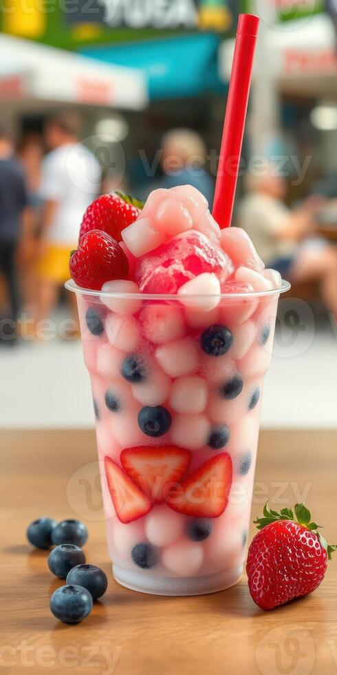 Refreshing dessert featuring mixed fruits and colorful toppings enjoyed at an outdoor cafe during a sunny day photo