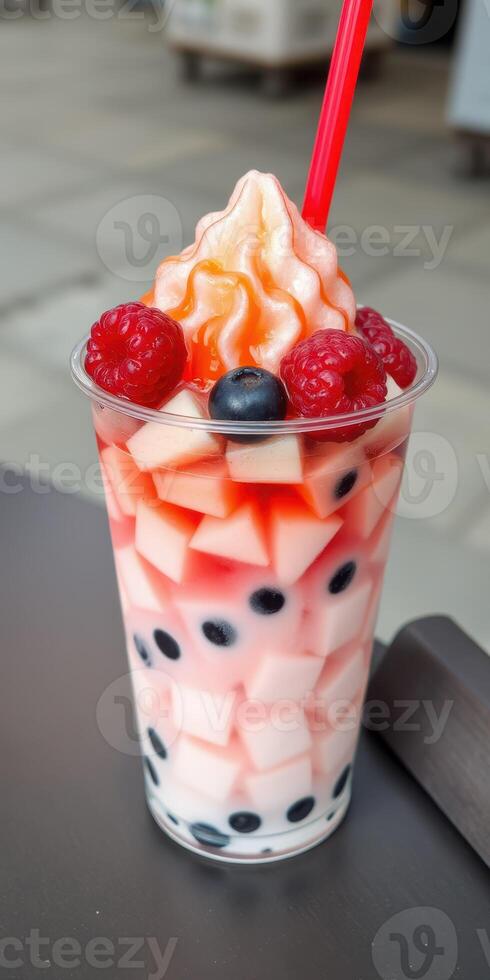 Refreshing dessert cup filled with fruit, tapioca, and cream enjoyed on a warm afternoon photo