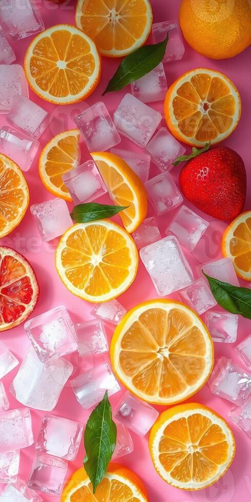 Bright citrus fruits and ice cubes create a refreshing summer display on a vibrant pink background photo