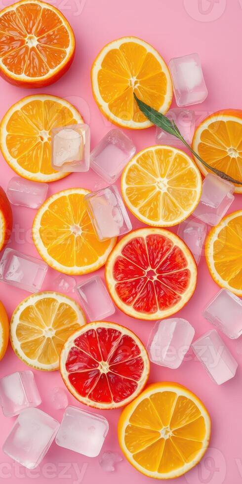 Bright citrus slices and ice cubes arranged on pink background create a refreshing summer vibe perfect for drinks and desserts photo