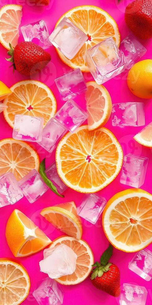 Colorful citrus and ice cubes create a refreshing summer vibe on a bright pink background photo