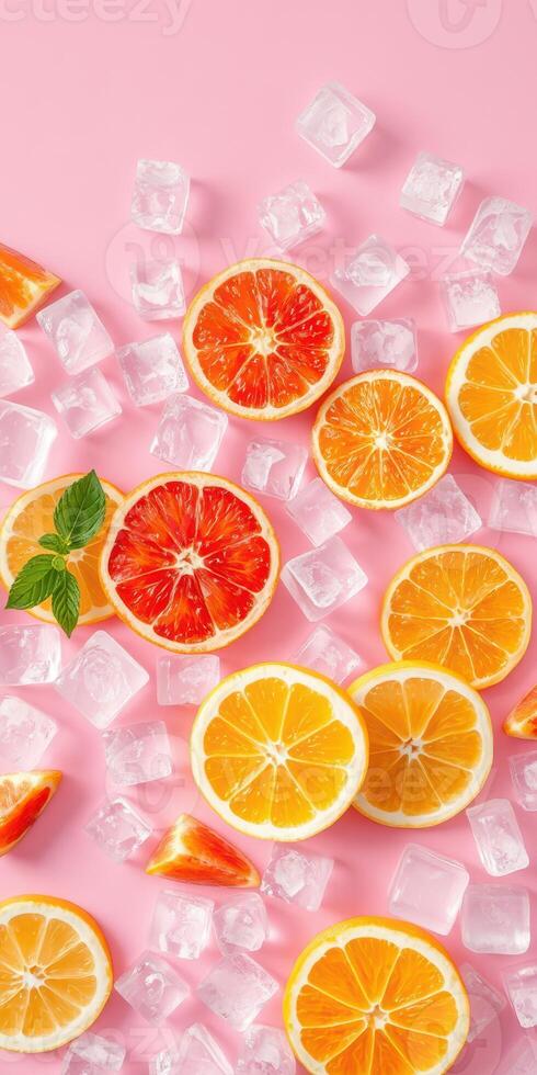 Fresh citrus slices and ice cubes arranged on a pink background for vibrant summer vibes photo