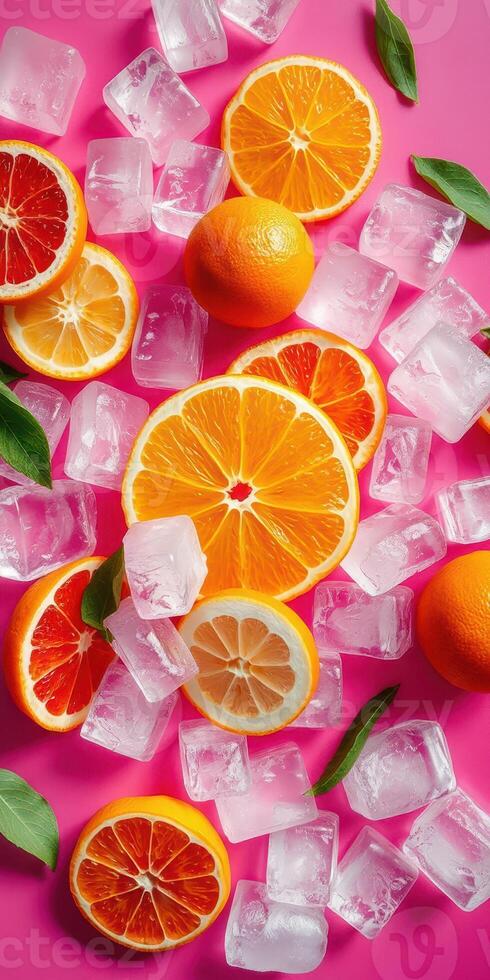 Bright citrus fruits with ice cubes on a vibrant pink background create a refreshing summertime feel photo