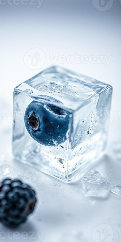 Frozen blueberry encased in ice cube with scattered berries on light background photo