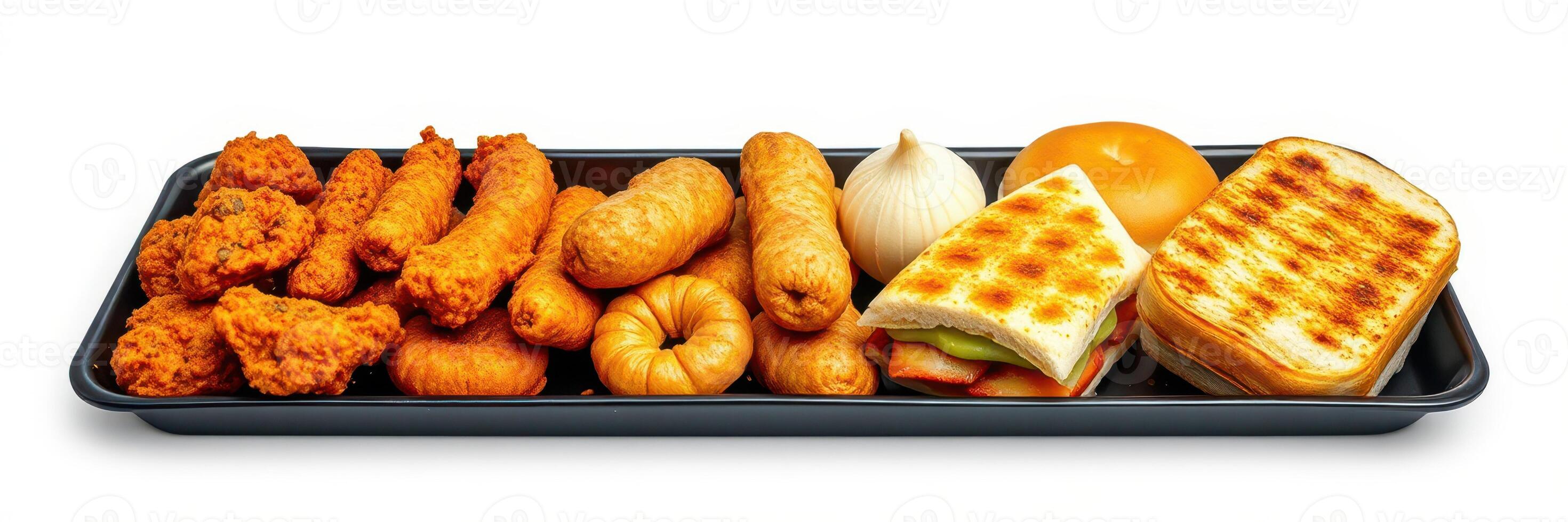 Variety of fried and grilled food items on a black serving tray at a casual dining establishment photo