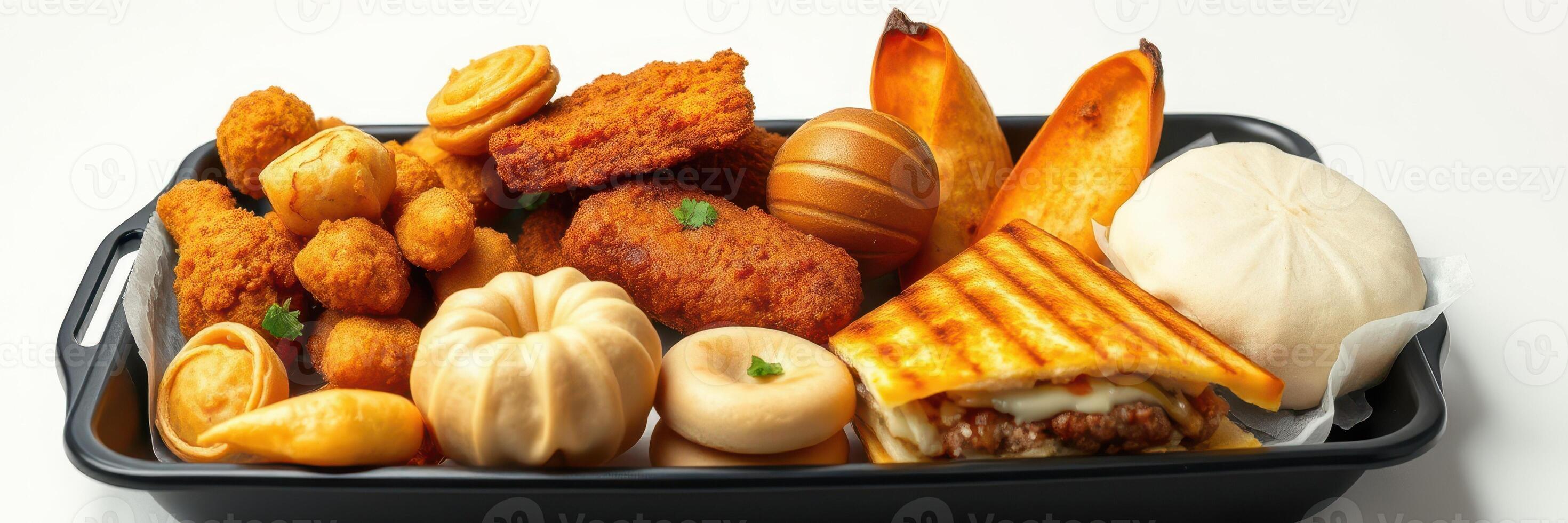 Delicious assortment of fried and baked snacks arranged on a black tray photo