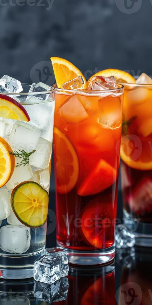Refreshing summer cocktails with citrus fruits and ice served in tall glasses photo