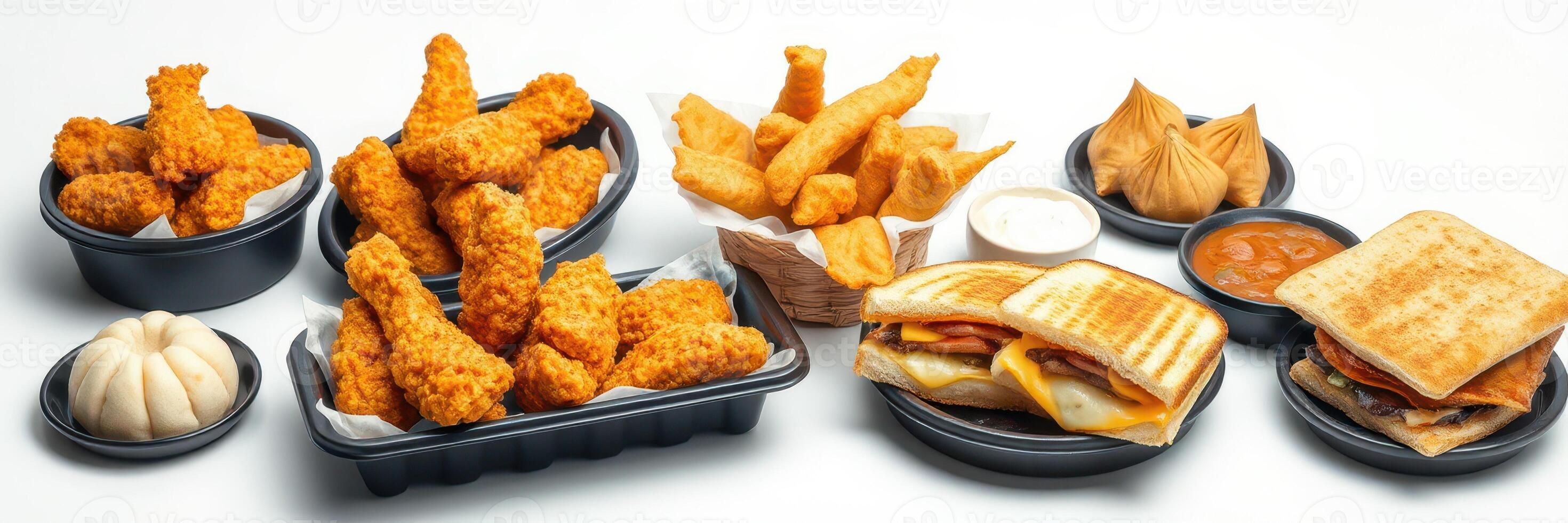 Delicious assortment of fried chicken, sides, and snacks arranged on a white background photo