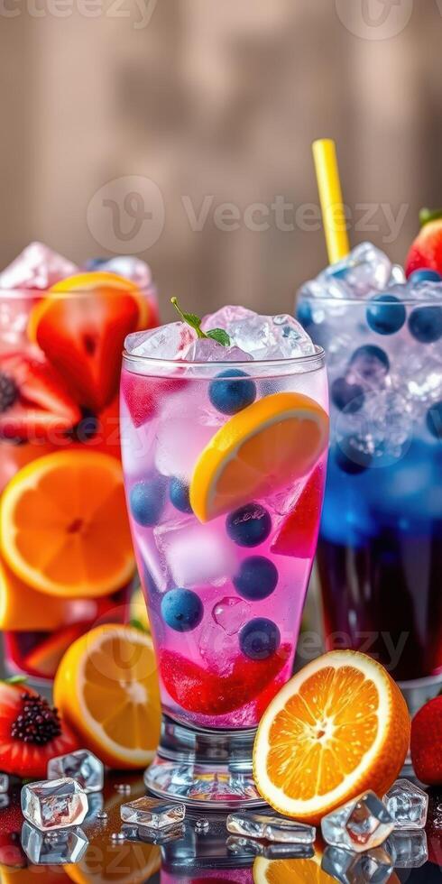 Colorful summer drinks display featuring fresh fruits and ice in a vibrant setting photo