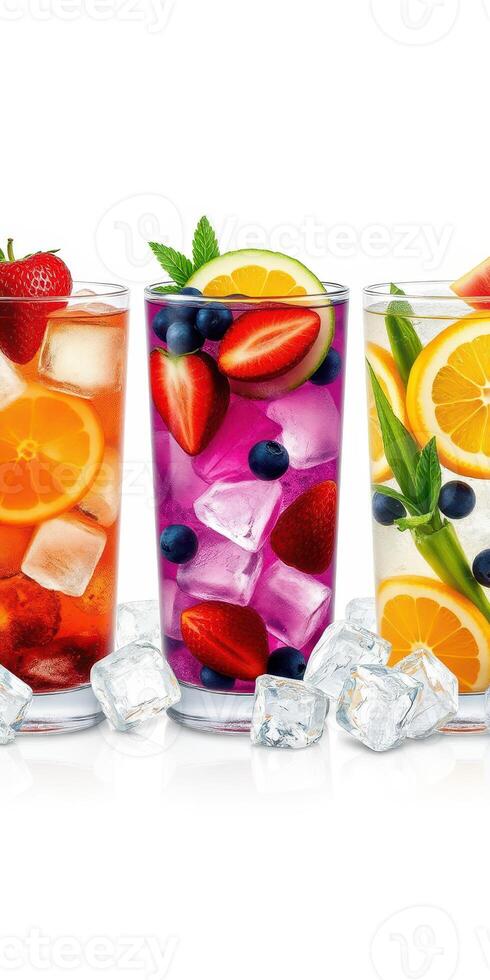 Refreshing summer drinks featuring fruits with ice cubes on a bright background photo