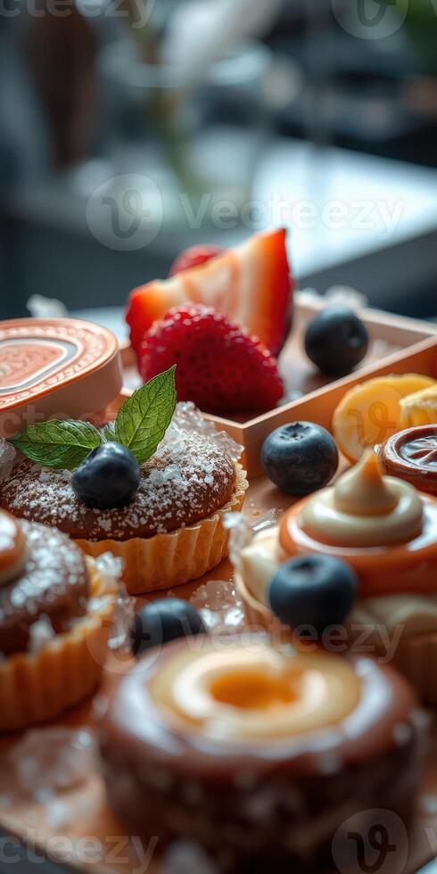 Desserts presented on a wooden platter with fruits and decorative elements during a casual gathering in the afternoon photo