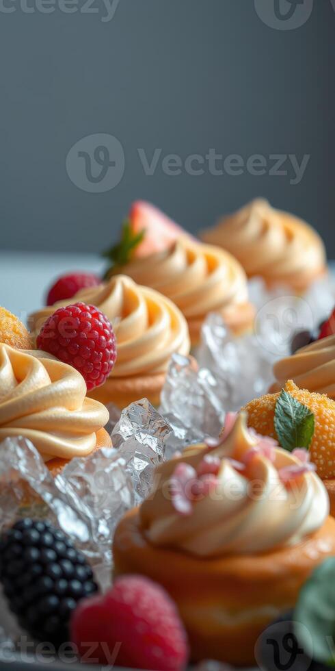 Deliciously crafted pastries adorned with fresh berries and vibrant decorations served on ice photo