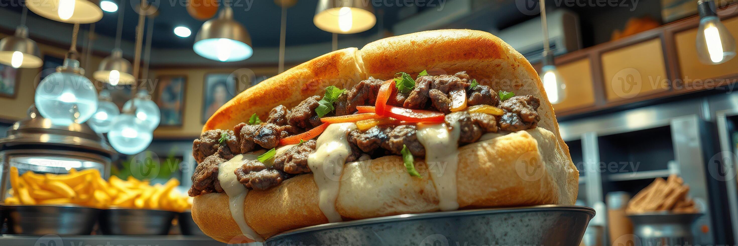 Delicious sandwich featuring grilled meat and fresh toppings served at a bustling restaurant in the evening photo