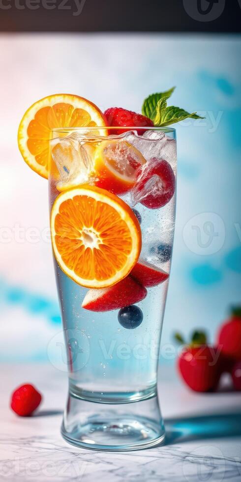Refreshing summer drink with fruit garnishes served in a tall glass with ice and colorful accents photo