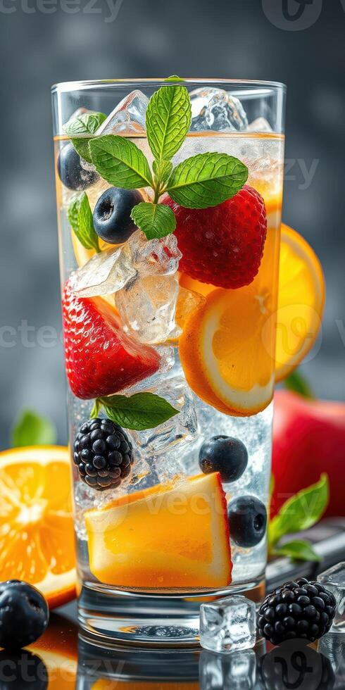Refreshing summer drink with vibrant fruits and ice in a tall glass by a dark background photo