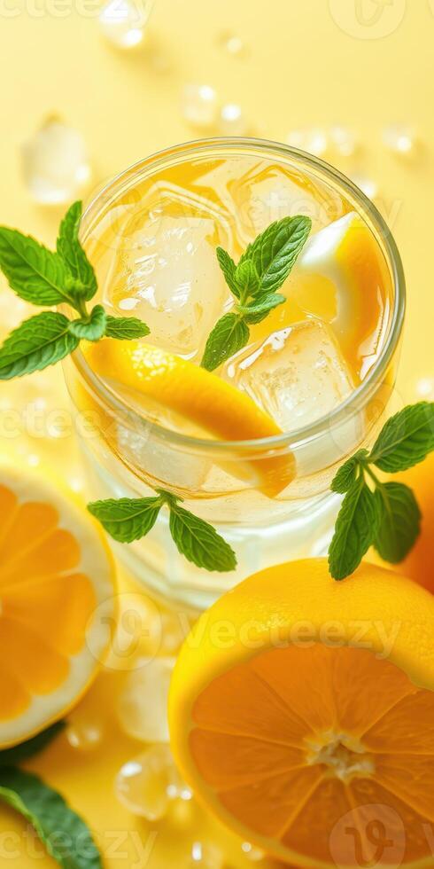 Refreshing citrus drink served in a glass with mint leaves and ice on a vibrant yellow background photo
