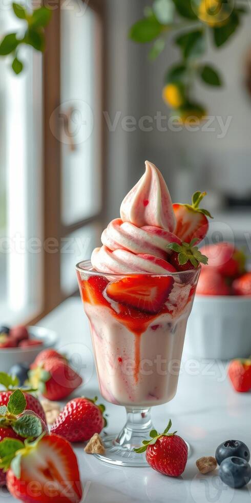 Delicious strawberry swirl dessert served in a glass with fresh fruits on a sunny kitchen table photo
