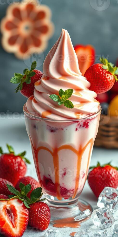 Delicious soft serve dessert topped with fresh strawberries and drizzled with fruit syrup photo