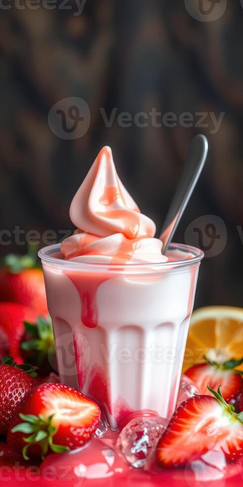 Delicious strawberry swirl soft serve dessert served in a clear cup garnished with fresh strawberries and lemon slices photo