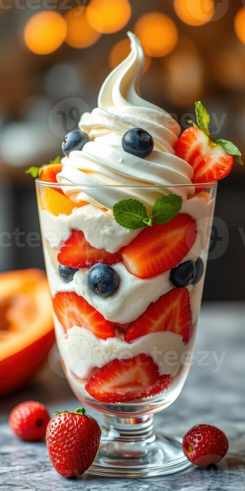 Delicious dessert creation featuring strawberries, blueberries, and creamy whipped topping in a glass photo