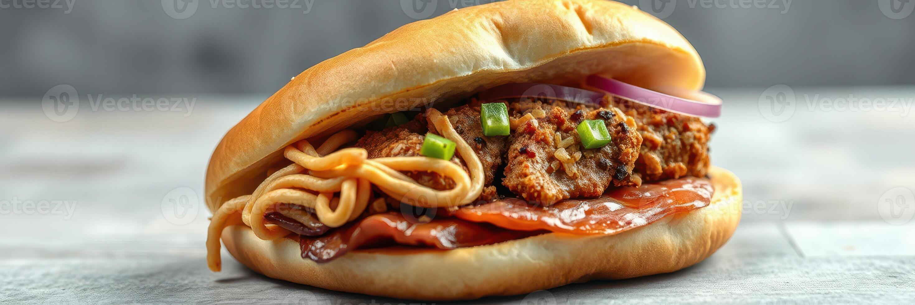 Juicy fried chicken sandwich layered with savory noodles and toppings served on a fresh bun photo