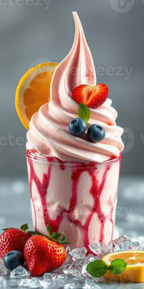 Indulgent dessert with vibrant swirl of soft serve, fresh fruits, and colorful toppings in a clear cup photo