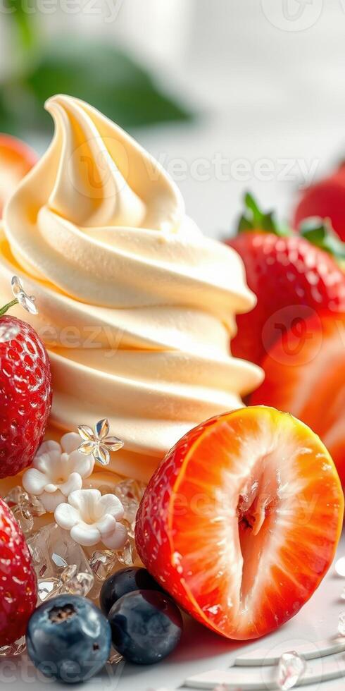 Delicious creamy soft serve ice cream topped with fresh strawberries and blueberries on a vibrant plate photo