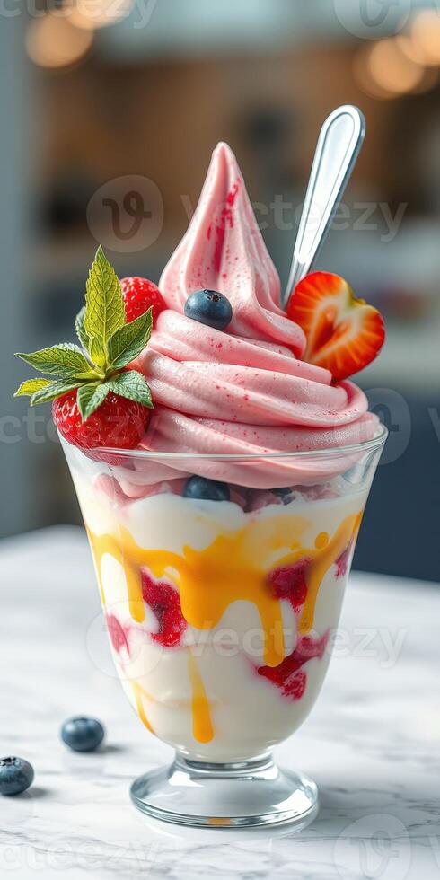 Delicious dessert featuring soft serve ice cream, fresh berries, and vibrant fruit sauce in a glass cup photo
