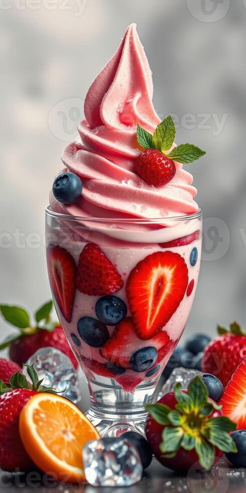 Delicious soft serve dessert topped with fresh strawberries and blueberries in a glass photo
