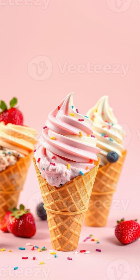 Colorful ice cream cones with sprinkles and fresh fruit on pink background celebrating summer treats photo