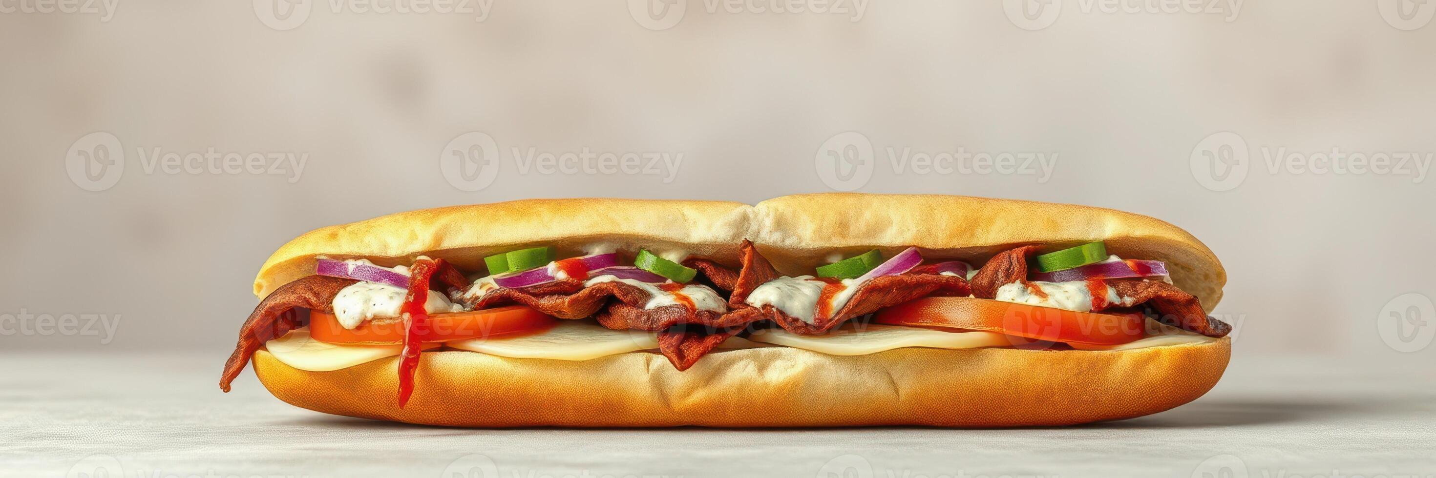 Delicious sub sandwich loaded with fresh vegetables and savory meat on a soft hoagie roll photo