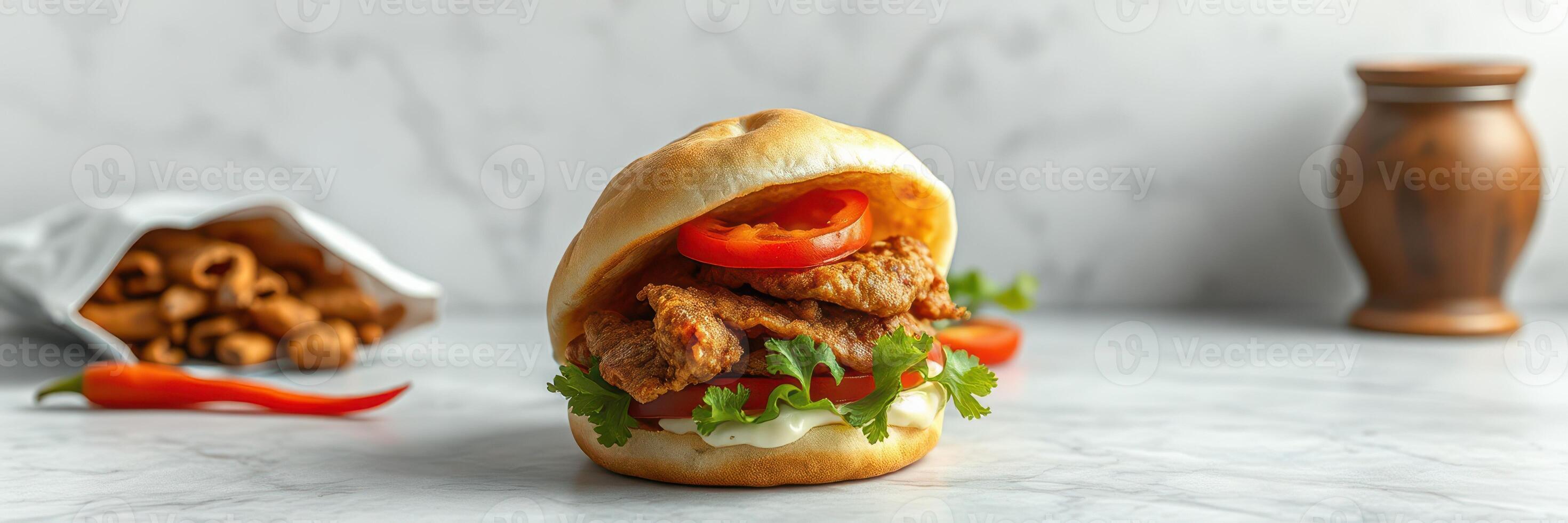 Juicy chicken sandwich topped with fresh vegetables on a marble countertop, perfect for a quick meal during any time of day photo