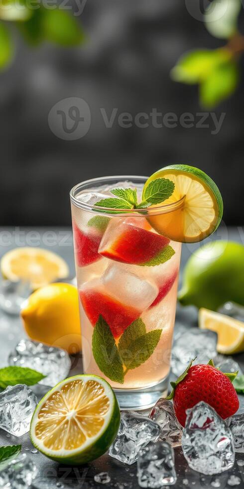 Refreshing summer beverage with ice, strawberries, and citrus garnishes displayed on a textured surface photo