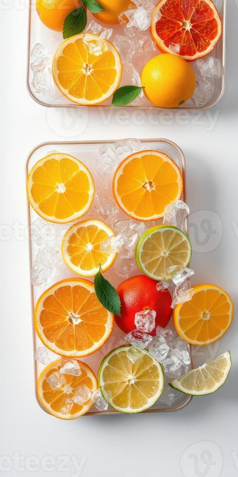 Vibrant citrus fruits arranged on ice with fresh mint leaves for a refreshing summer display photo