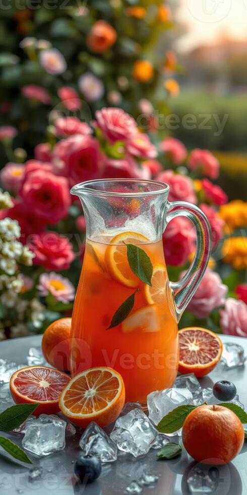 Refreshing citrus beverage served in a glass pitcher surrounded by colorful flowers on a sunny afternoon photo