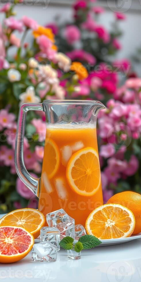 Refreshing orange drink served in a pitcher with fresh fruits and ice beside colorful flowers in a garden setting photo