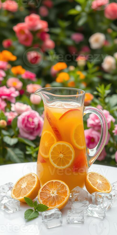 Refreshing citrus drink in a pitcher with fresh oranges and ice against a vibrant floral background photo