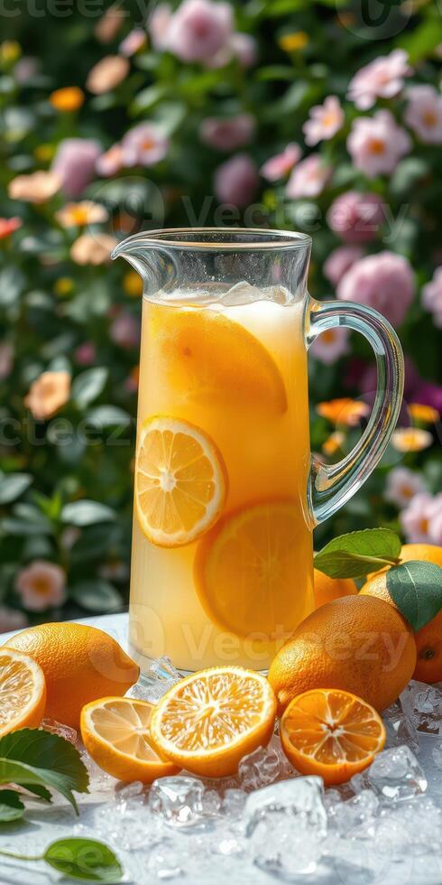 Refreshing citrus drink served in a pitcher surrounded by fresh oranges and blooming flowers in a garden setting photo